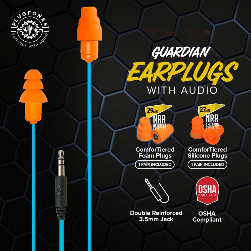 Plugfones Guardian Earplug Headphones - OSHA Approved Noise Isolating in-Ear Earbuds with Hearing Protection - Wired Hybrid for Work and Travel - Includes Silicone and Foam Ear Plugs - Blue & Orange - Image 2